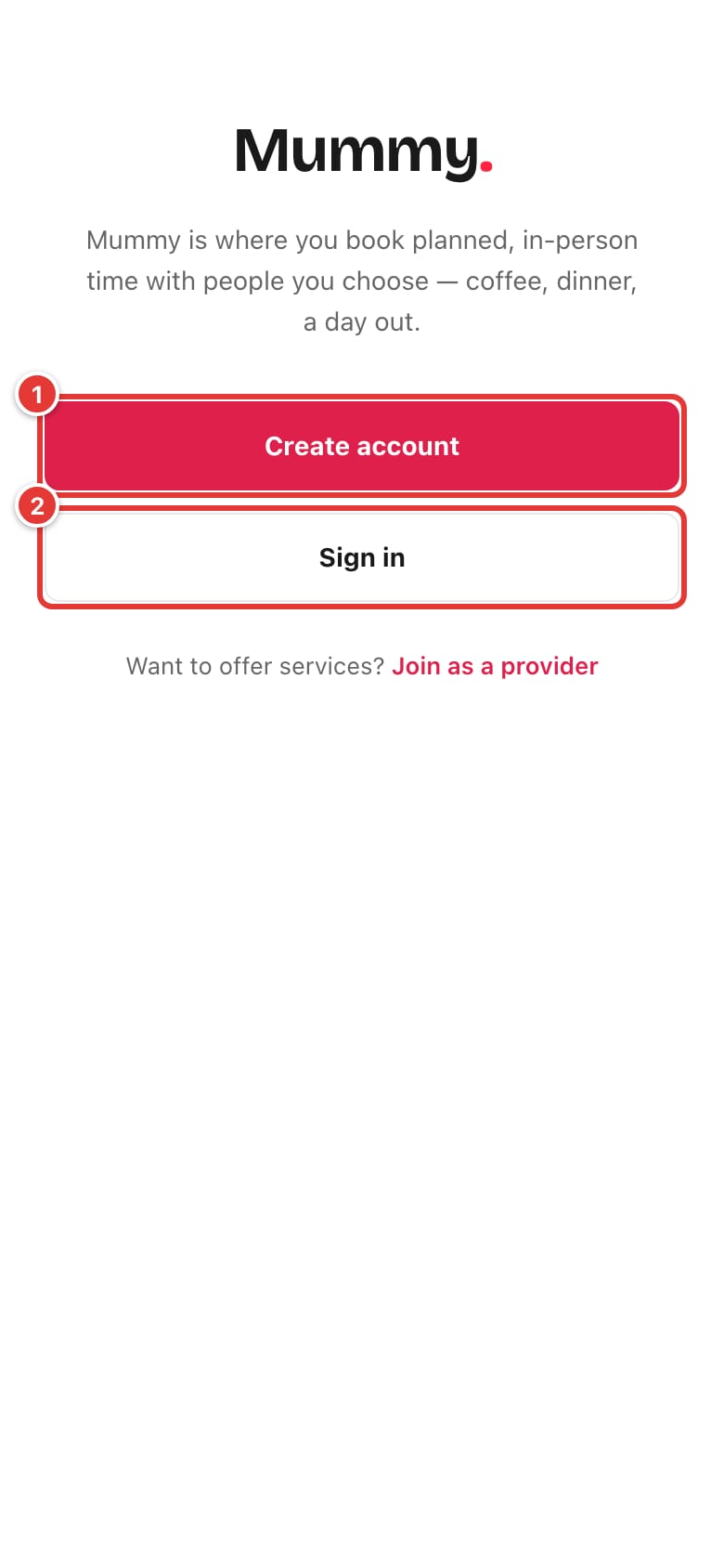 Mummy landing page with the Create account and Sign in buttons