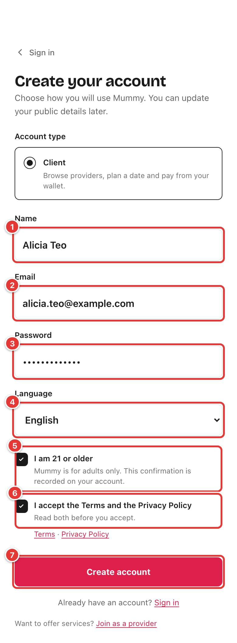 Registration form filled in, with name, email, password, language, the two confirmations and the Create account button marked