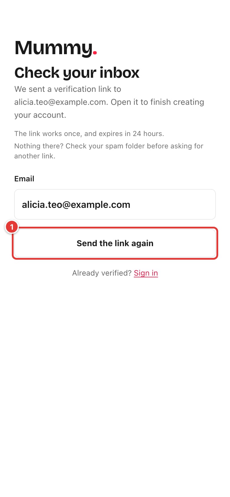 Check your inbox page with the Send the link again button