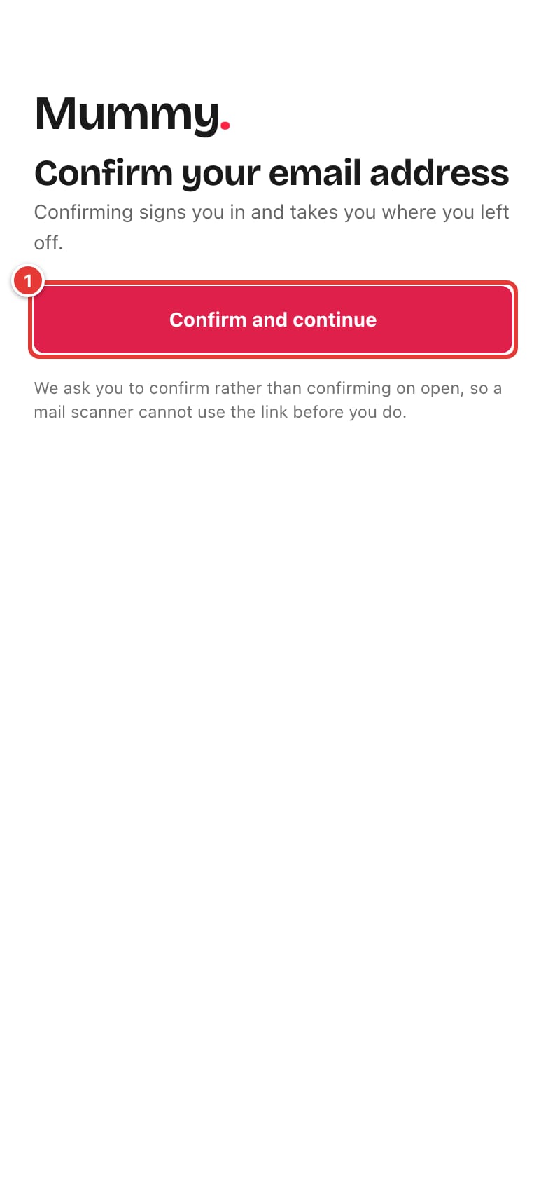 Confirm your email address page with the Confirm and continue button