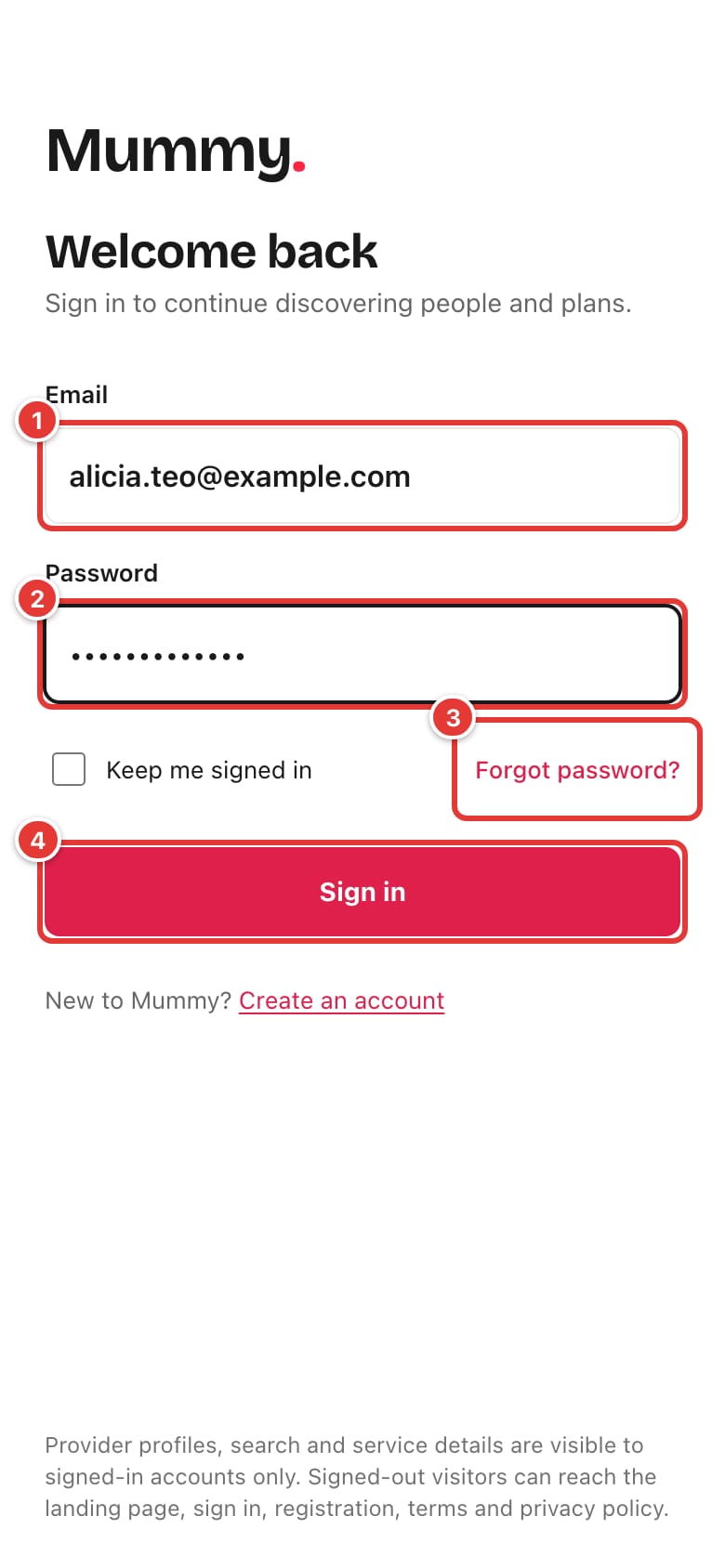 Sign-in page with email, password, Forgot password? and Sign in marked