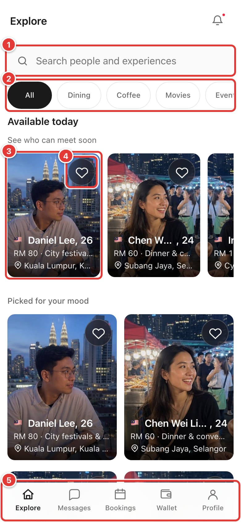 Explore page with the search bar, category chips, a Provider card, the save heart and the bottom menu marked
