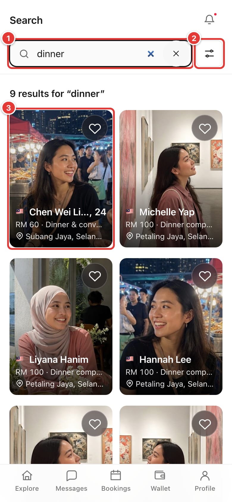 Search results for "dinner" with the search box, Filters button and a result card marked