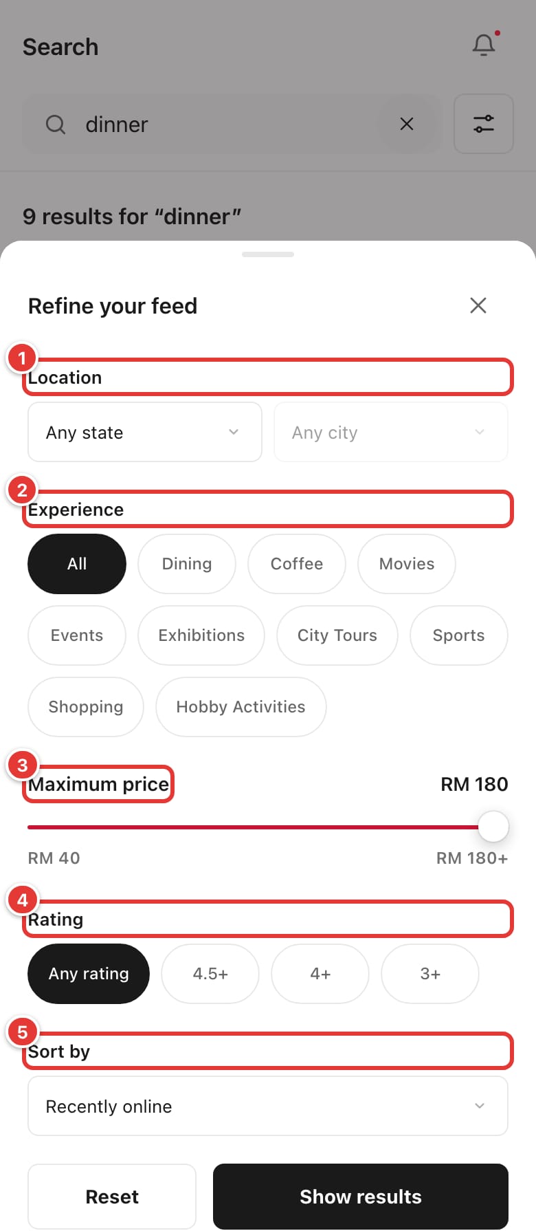 The Refine your feed filter panel with Location, Experience, Maximum price, Rating and Sort by marked