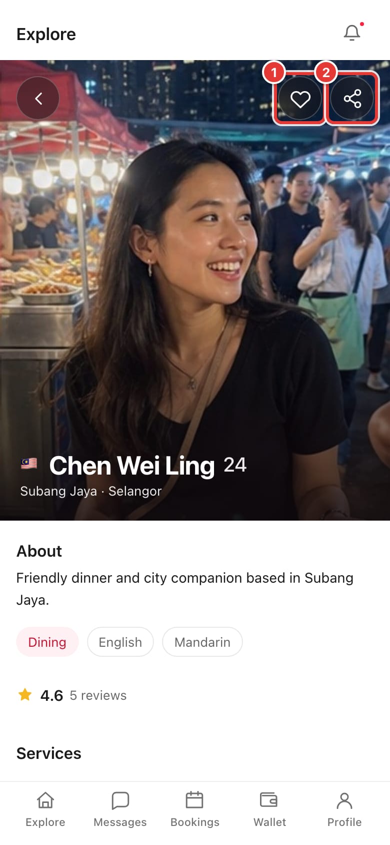 Top of a Provider profile with the save heart and share buttons marked