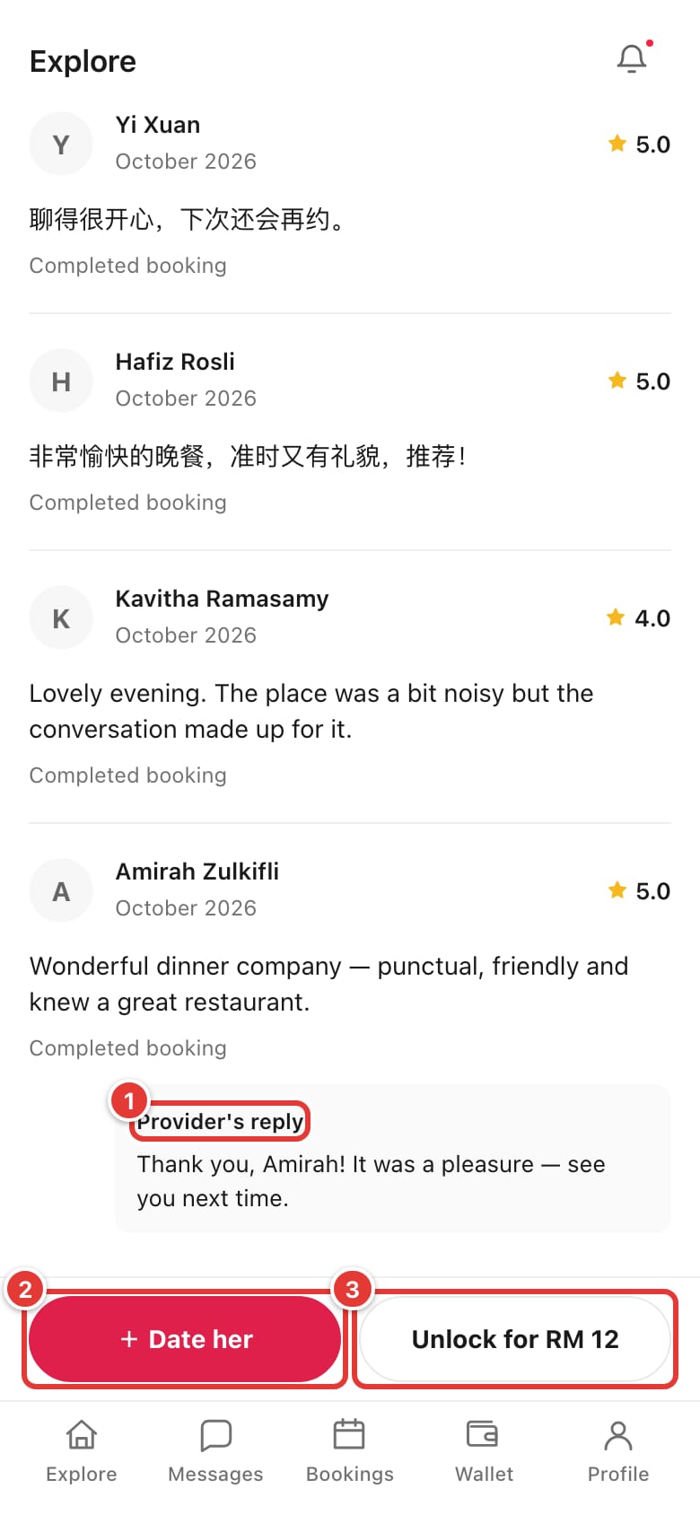 Bottom of the profile with a Provider's reply to a review, the Date her button and the Unlock button marked
