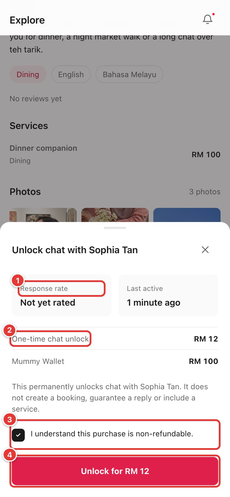 Unlock chat sheet with the response rate, the price, the non-refundable confirmation and the Unlock button marked