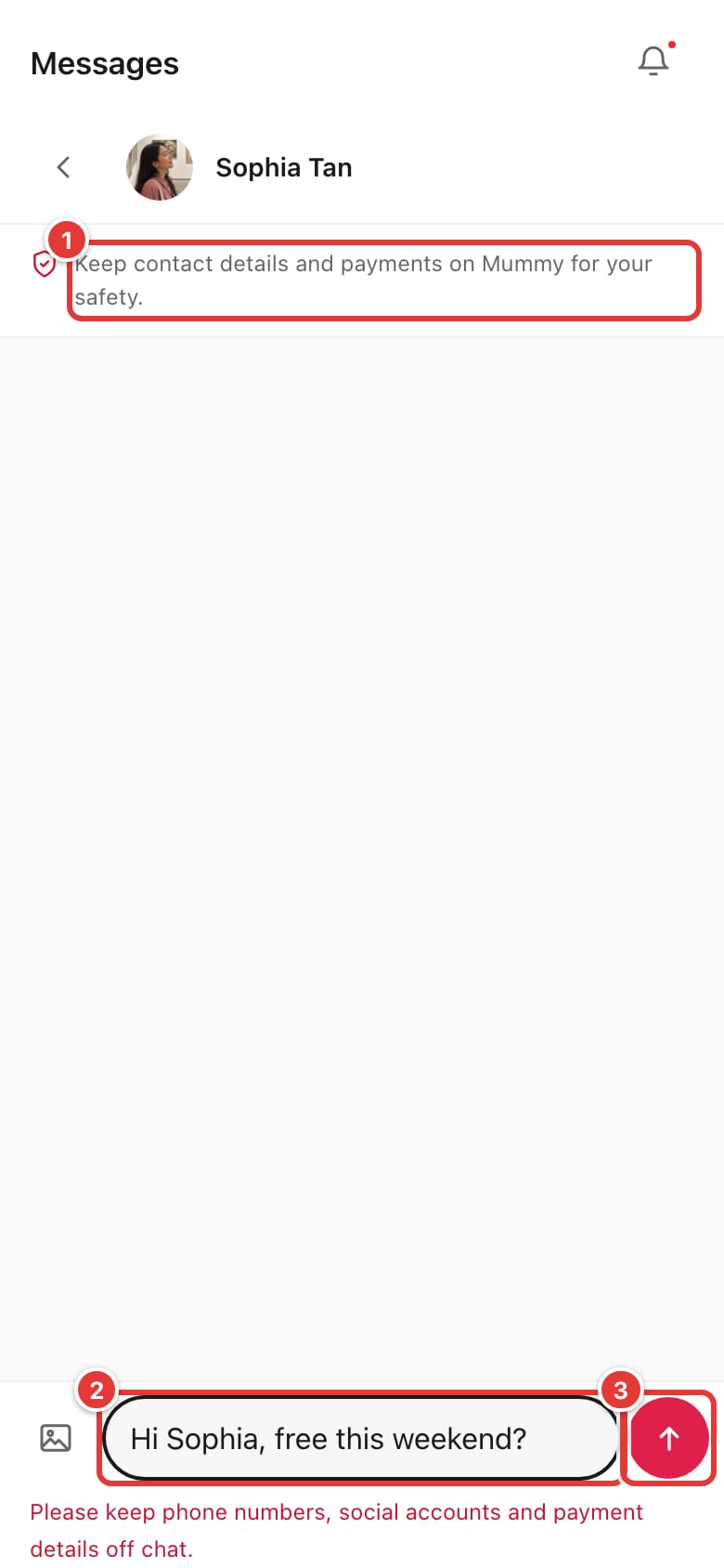 A newly unlocked chat with the safety notice, the message box and the send button marked