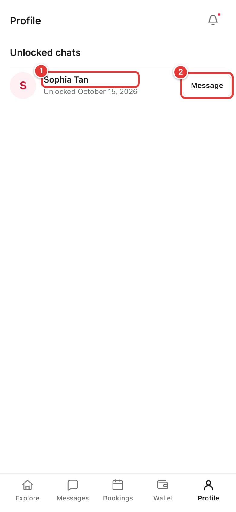 Unlocked chats list with the Provider and the Message button marked