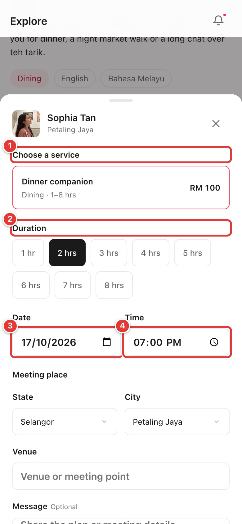 Booking form with Choose a service, Duration, Date and Time marked