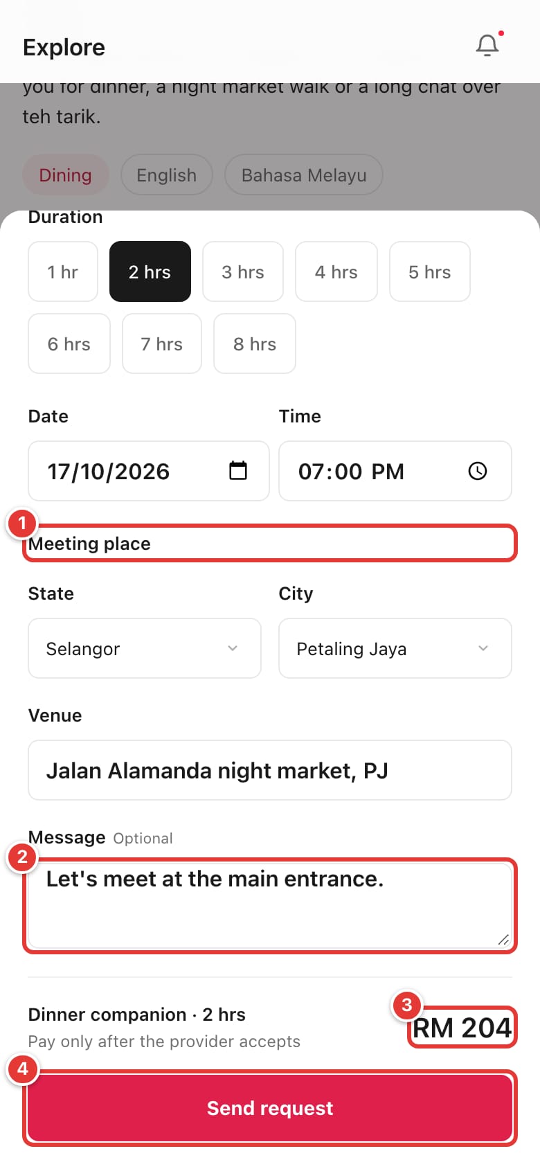 Lower half of the booking form with the meeting place, message, total and Send request marked