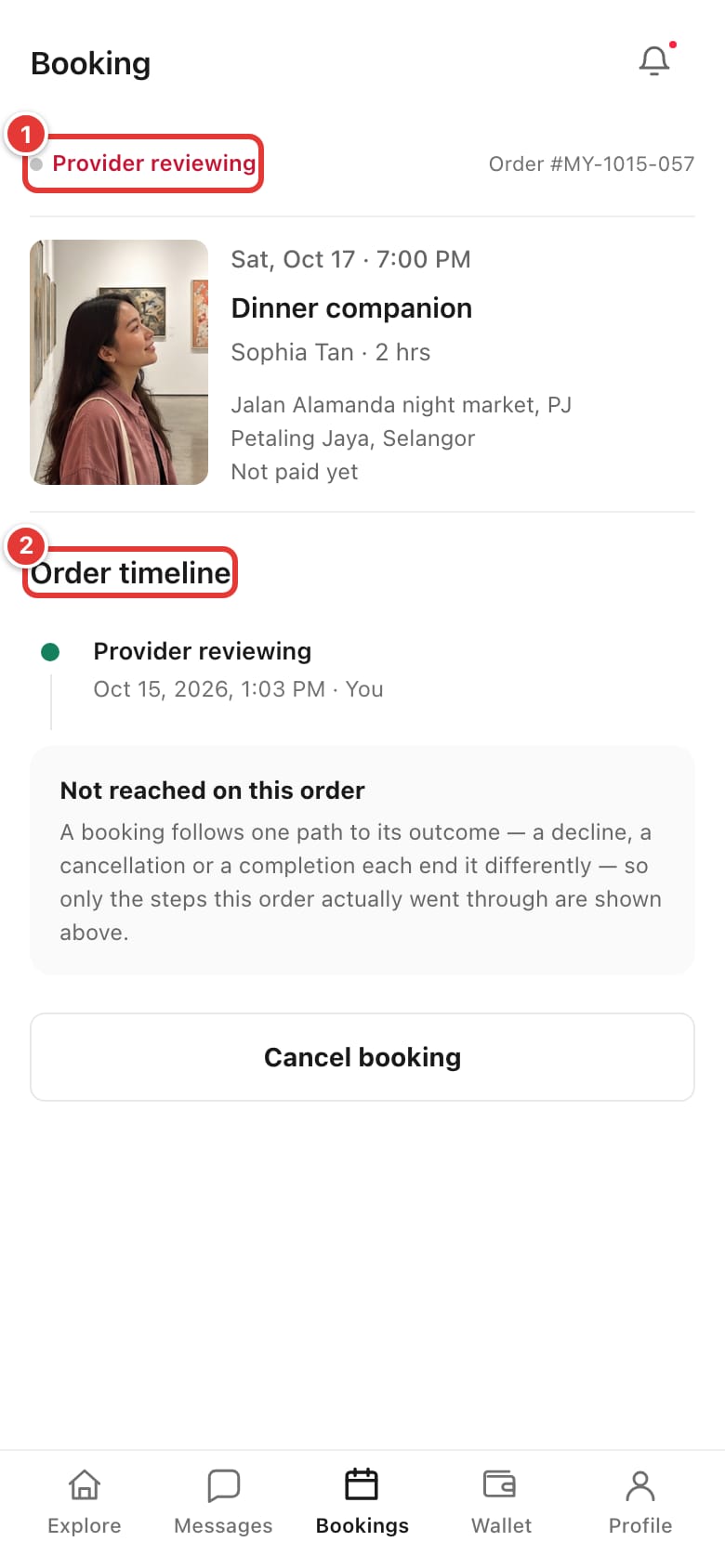 Booking page showing the Provider reviewing status and the Order timeline
