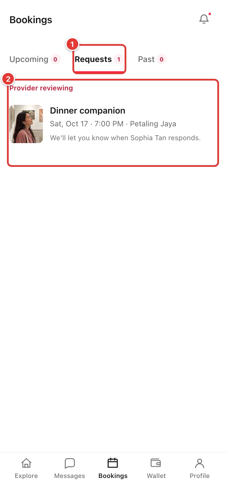 Bookings page on the Requests tab with a pending request marked