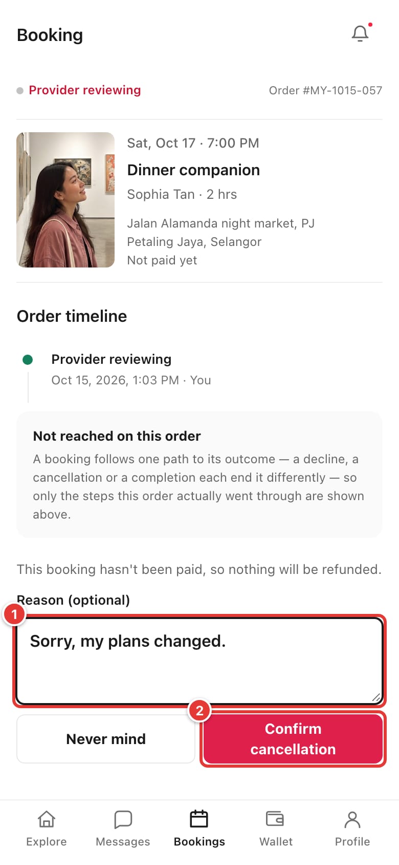 Booking page with the cancellation reason box and the Confirm cancellation button marked