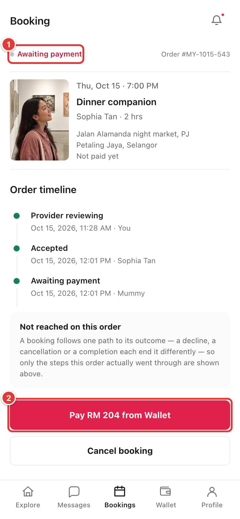 Booking page with the Awaiting payment status and the Pay from Wallet button marked
