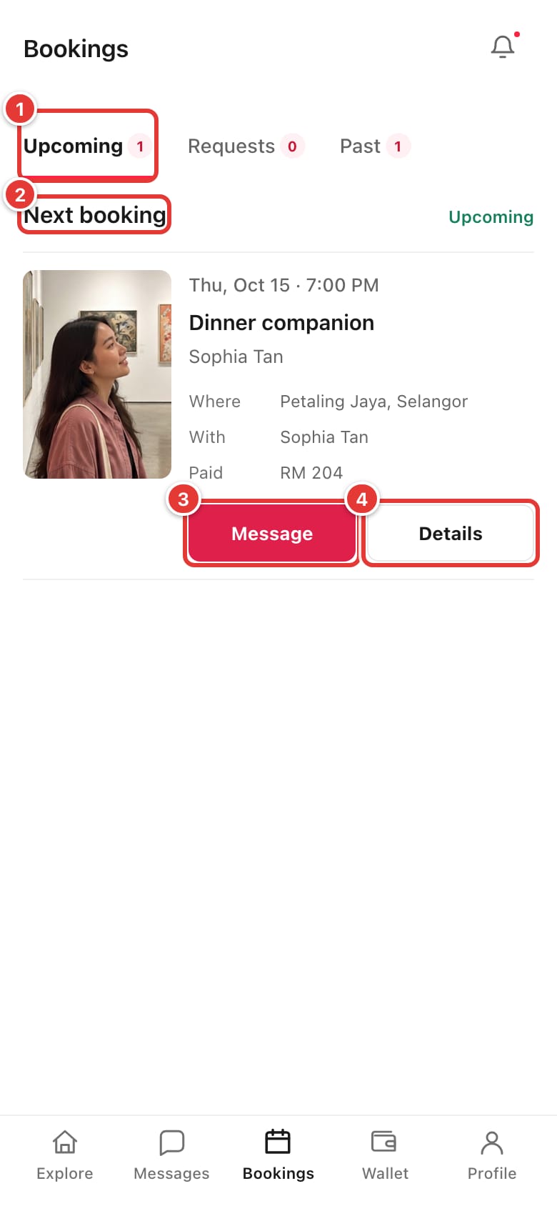 Bookings page on the Upcoming tab with the Next booking card, Message and Details marked