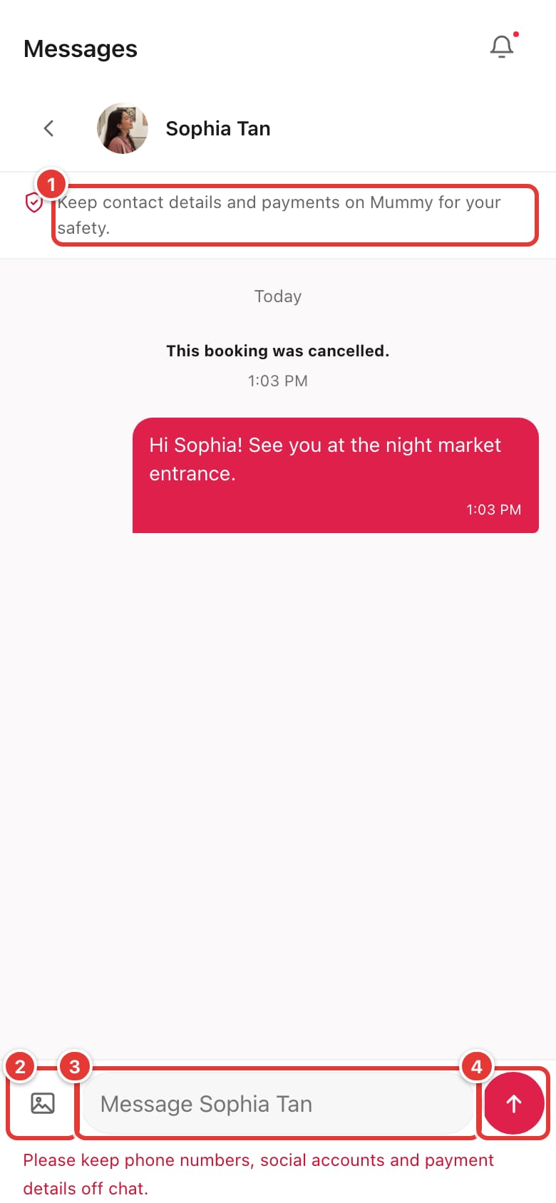 Chat screen with the safety notice, image button, message box and send button marked