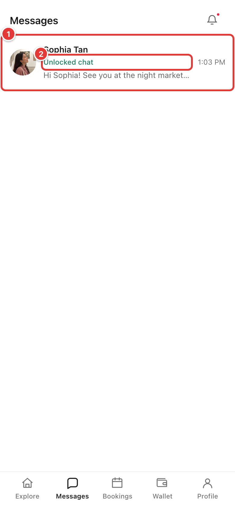 Messages list with a conversation and its chat type label marked