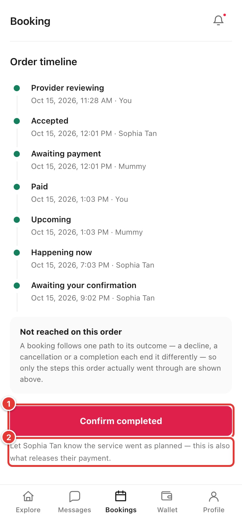 Booking page with the Confirm completed button and its explanation marked
