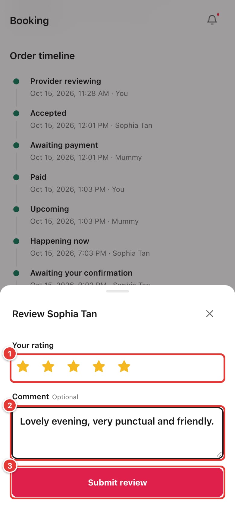 Review sheet with the star rating, comment box and Submit review button marked