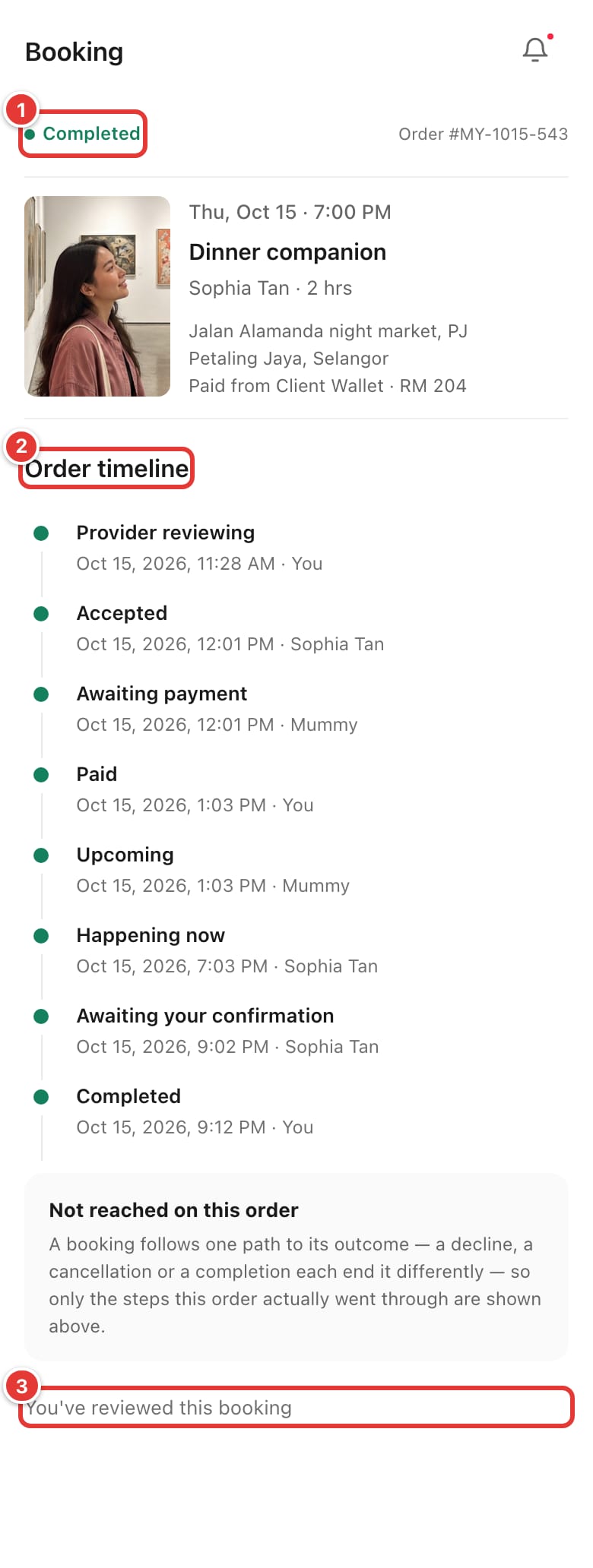 Completed booking showing the Completed status, the full order timeline and You've reviewed this booking