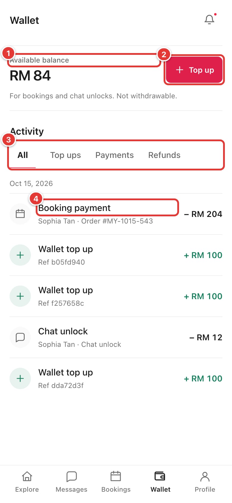 Wallet page with the available balance, Top up button, activity filter tabs and a ledger entry marked