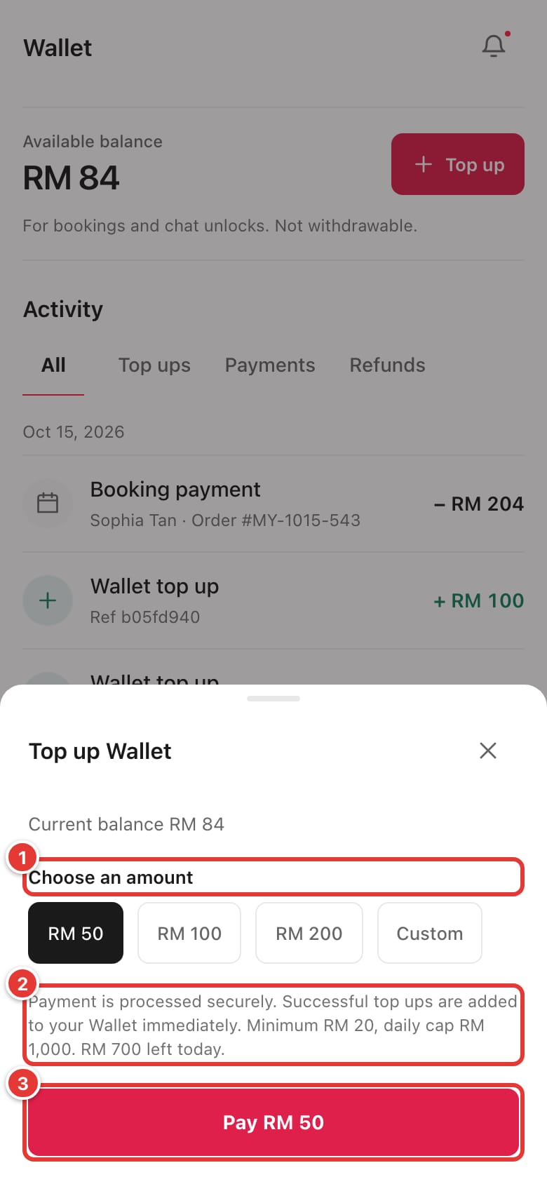 Top up Wallet sheet with Choose an amount, the limits and the Pay button marked