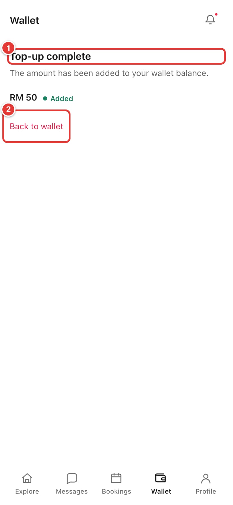 Top-up complete page with the Back to wallet link marked