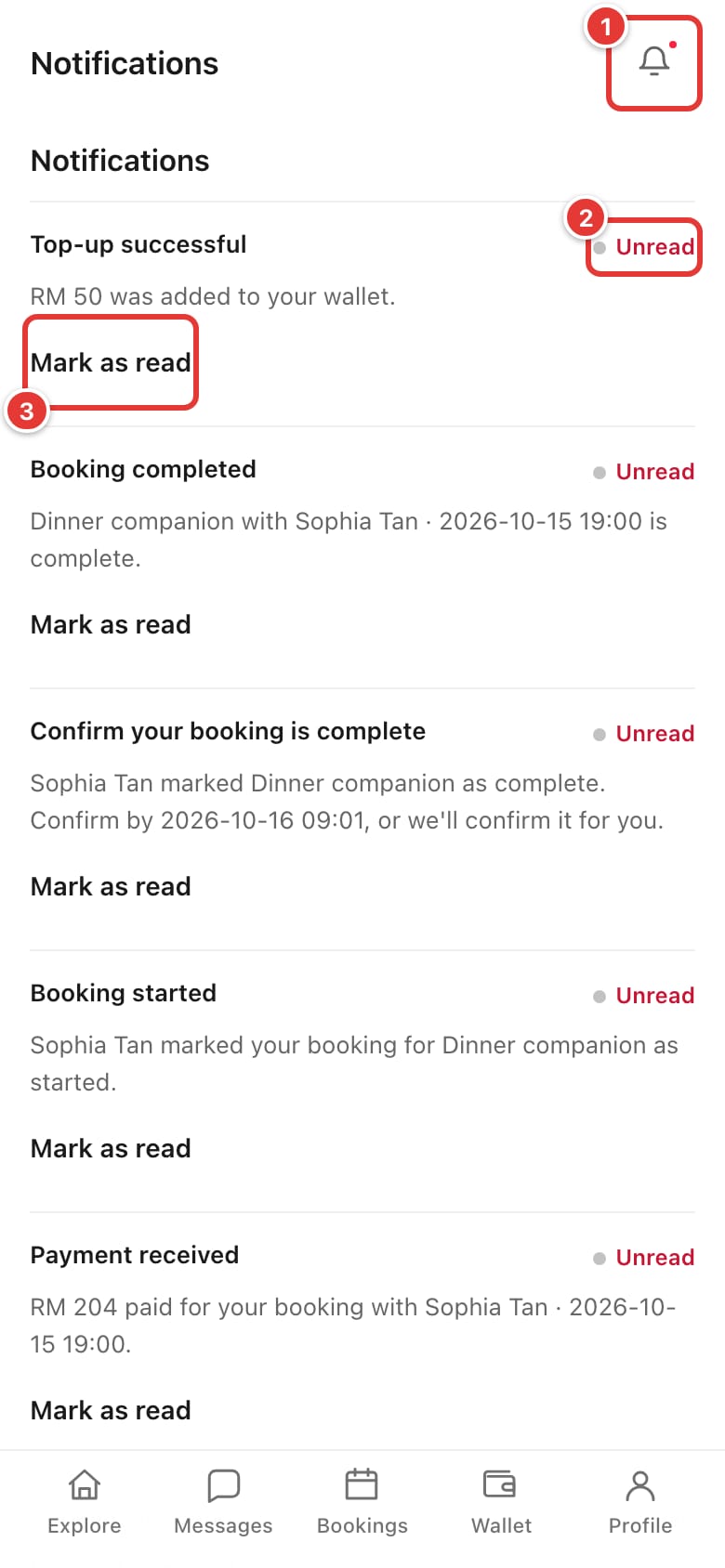 Notifications page with the bell, an Unread label and Mark as read marked