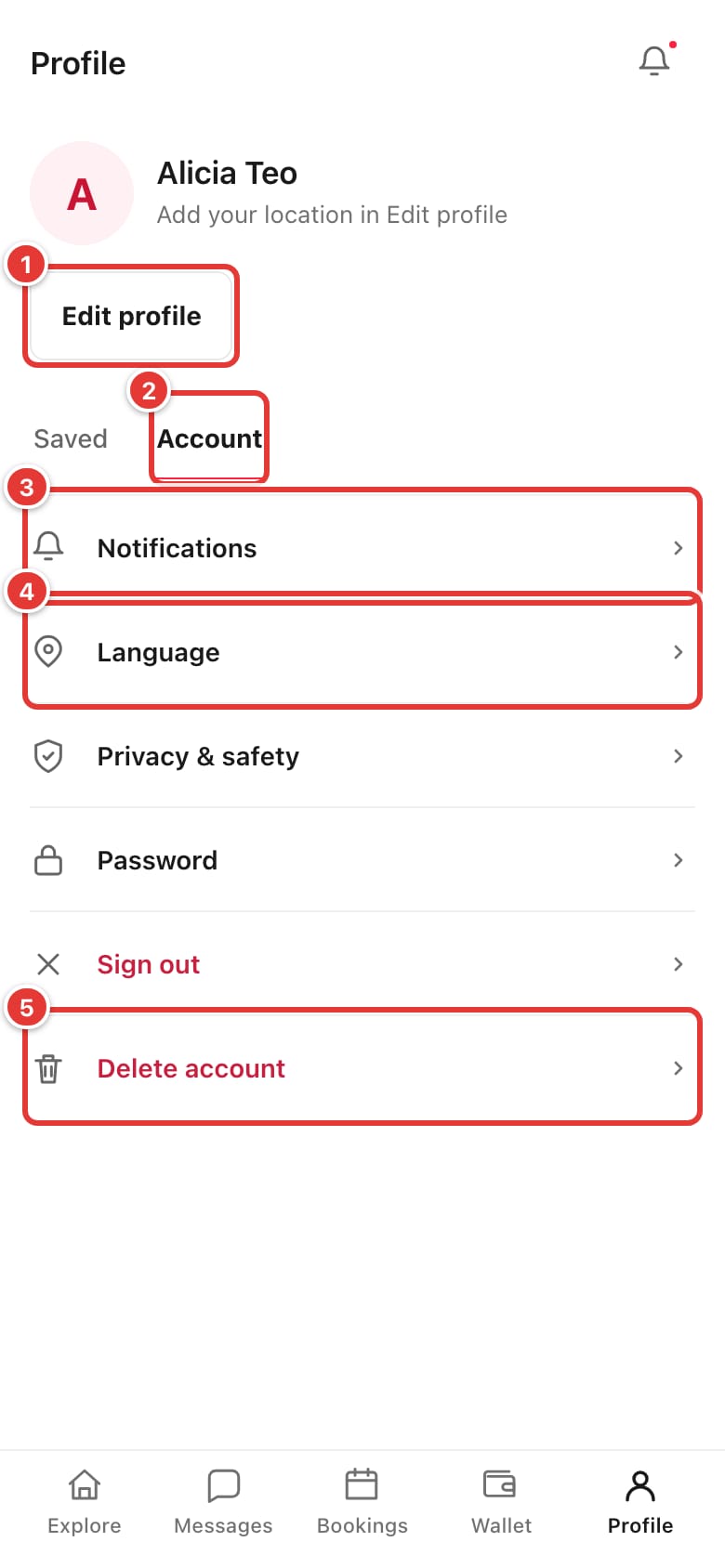 Profile page on the Account tab with Edit profile, Notifications, Language and Delete account marked