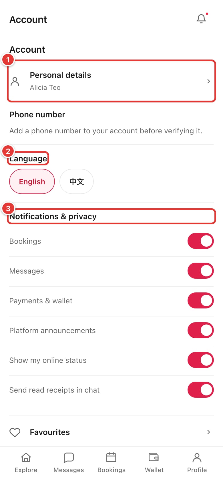 Account settings page with Personal details, Language and Notifications & privacy marked
