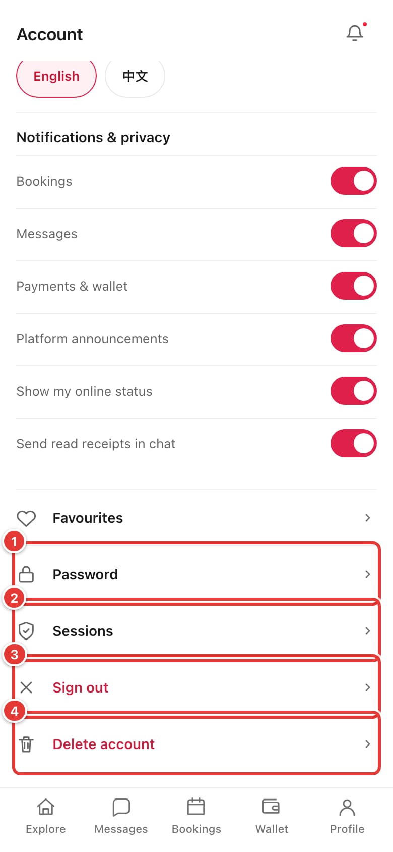 Lower part of account settings with Password, Sessions, Sign out and Delete account marked