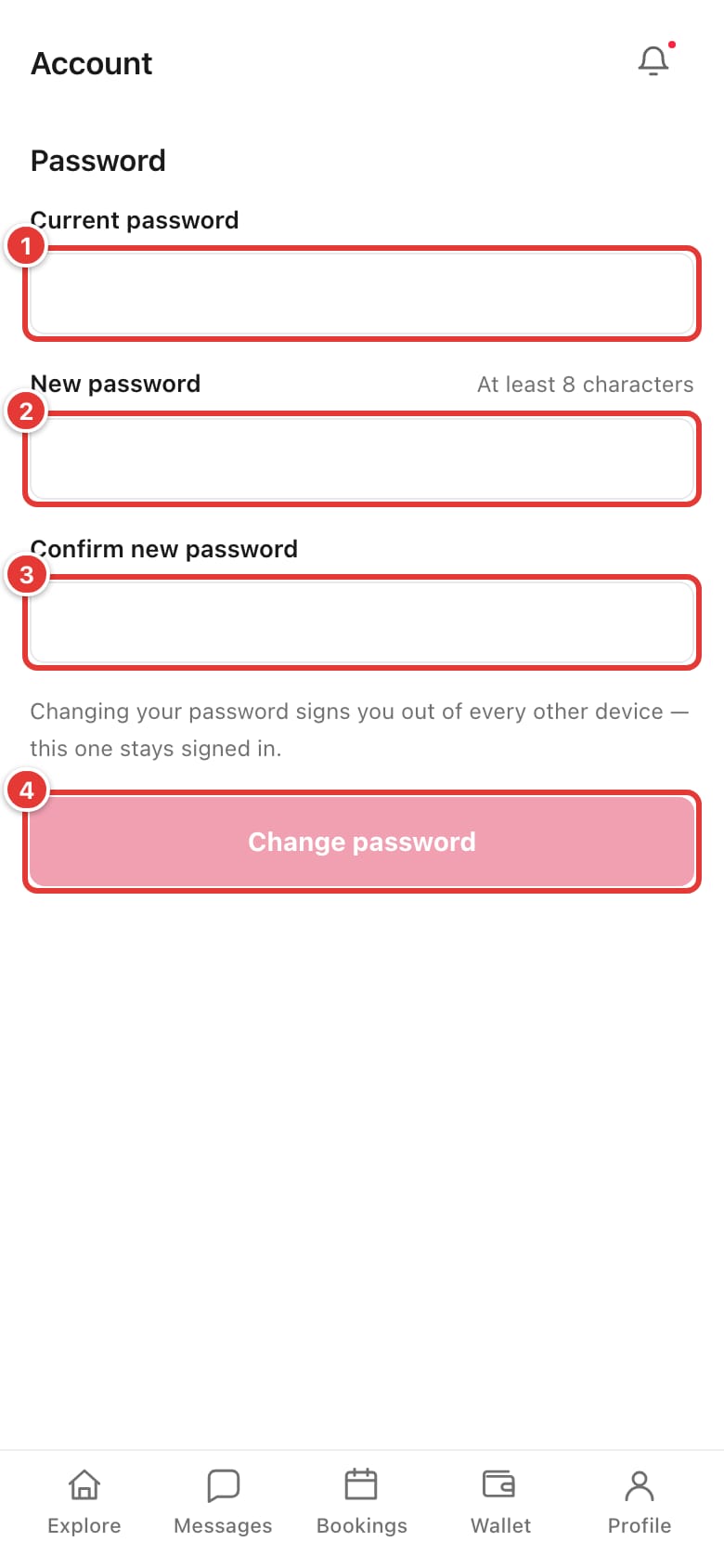 Change password page with the three password fields and the Change password button marked