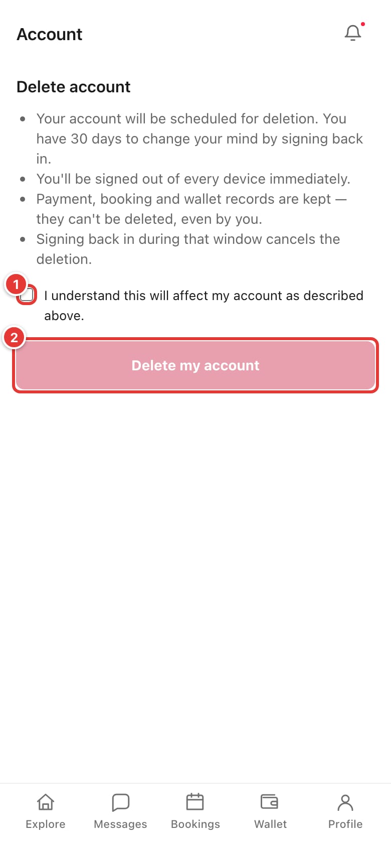 Delete account page with the confirmation checkbox and the Delete my account button marked