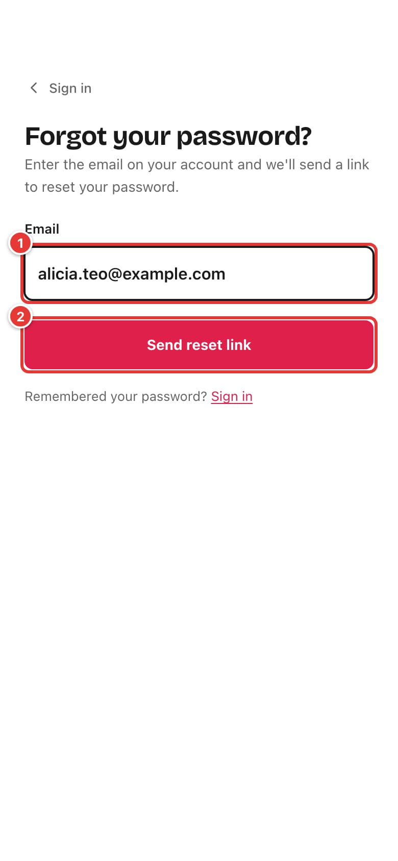 Forgot your password? page with the email box and the Send reset link button marked