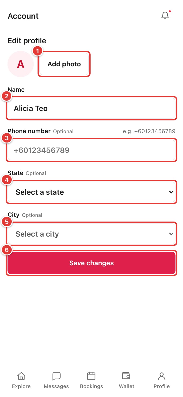 Edit profile page with Add photo, Name, Phone number, State, City and Save changes marked