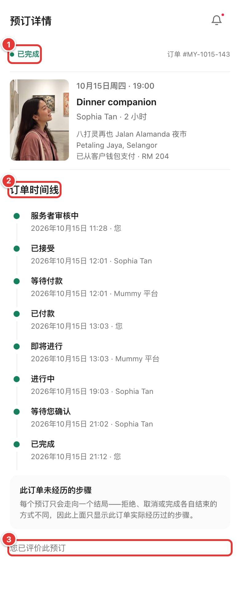 已完成的预约，显示“已完成”状态、完整订单时间线和“您已评价此预订”