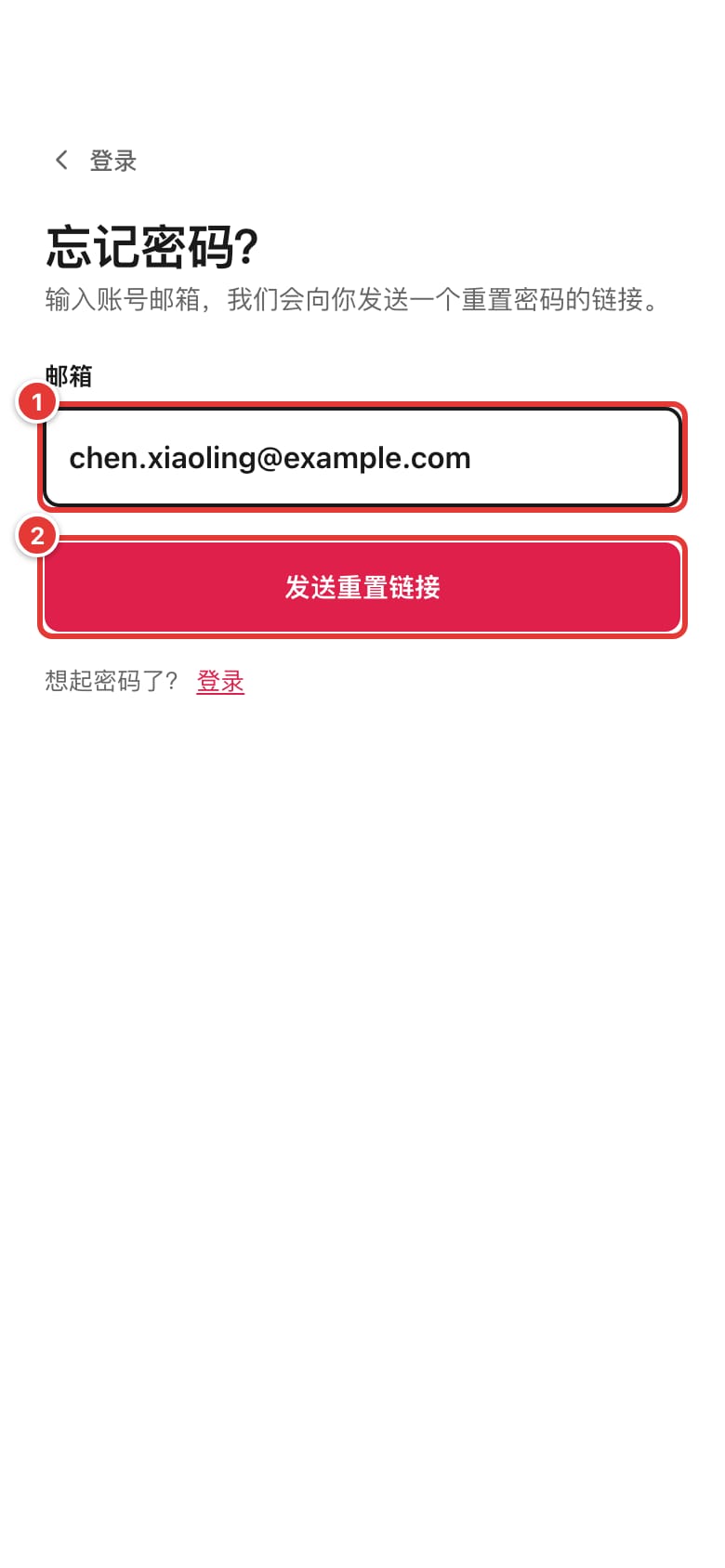 “忘记密码？”页面，标出邮箱输入框和“发送重置链接”按钮