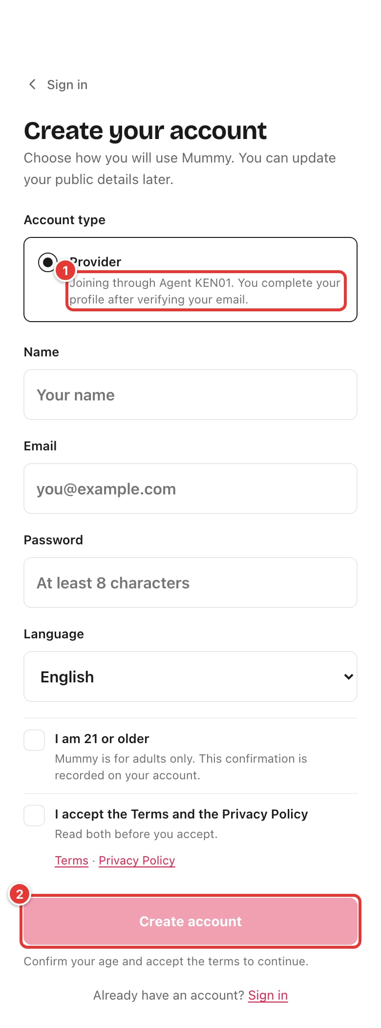 The Create your account page opened from an Agent link, showing "Joining through Agent KEN01" and the Create account button