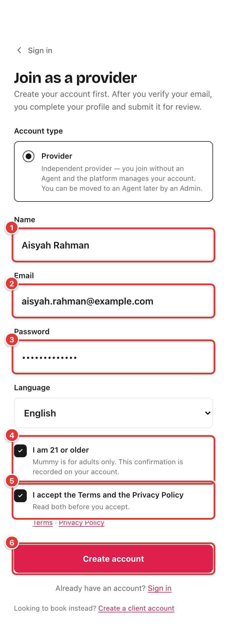 The Join as a provider form, filled in, with both boxes ticked