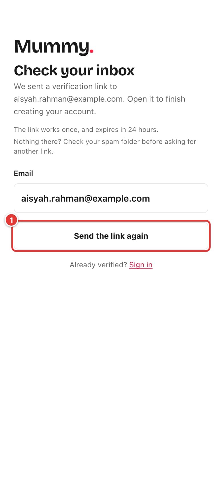 The Check your inbox page with the Send the link again button