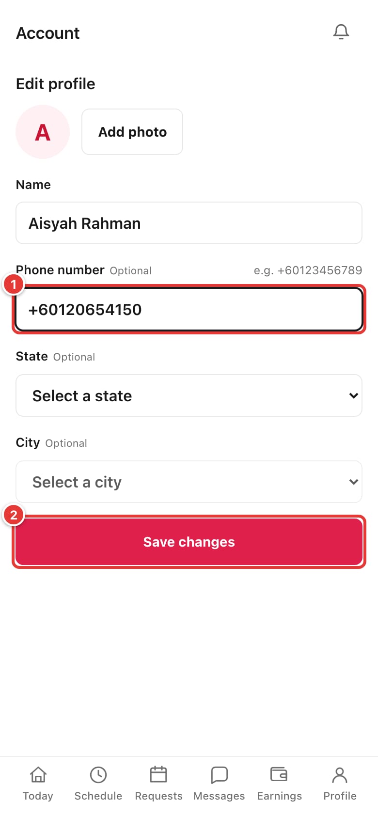 The Edit profile page with the phone number filled in and Save changes