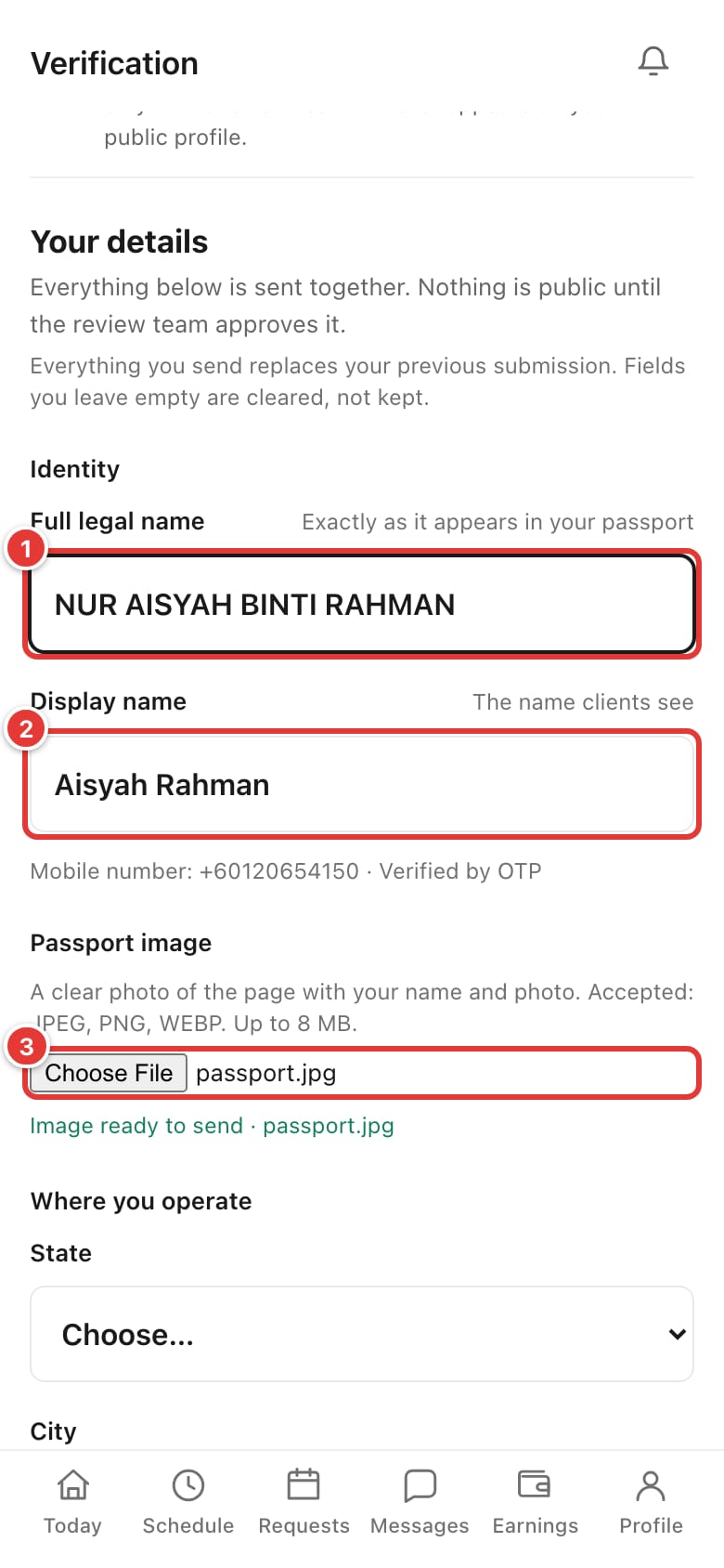 The verification form with the legal name, display name and passport image filled in