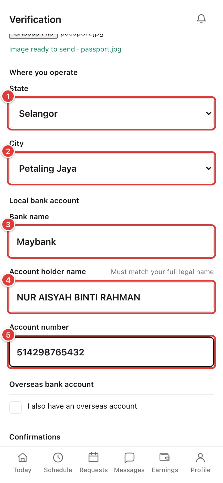 The location and local bank account sections filled in