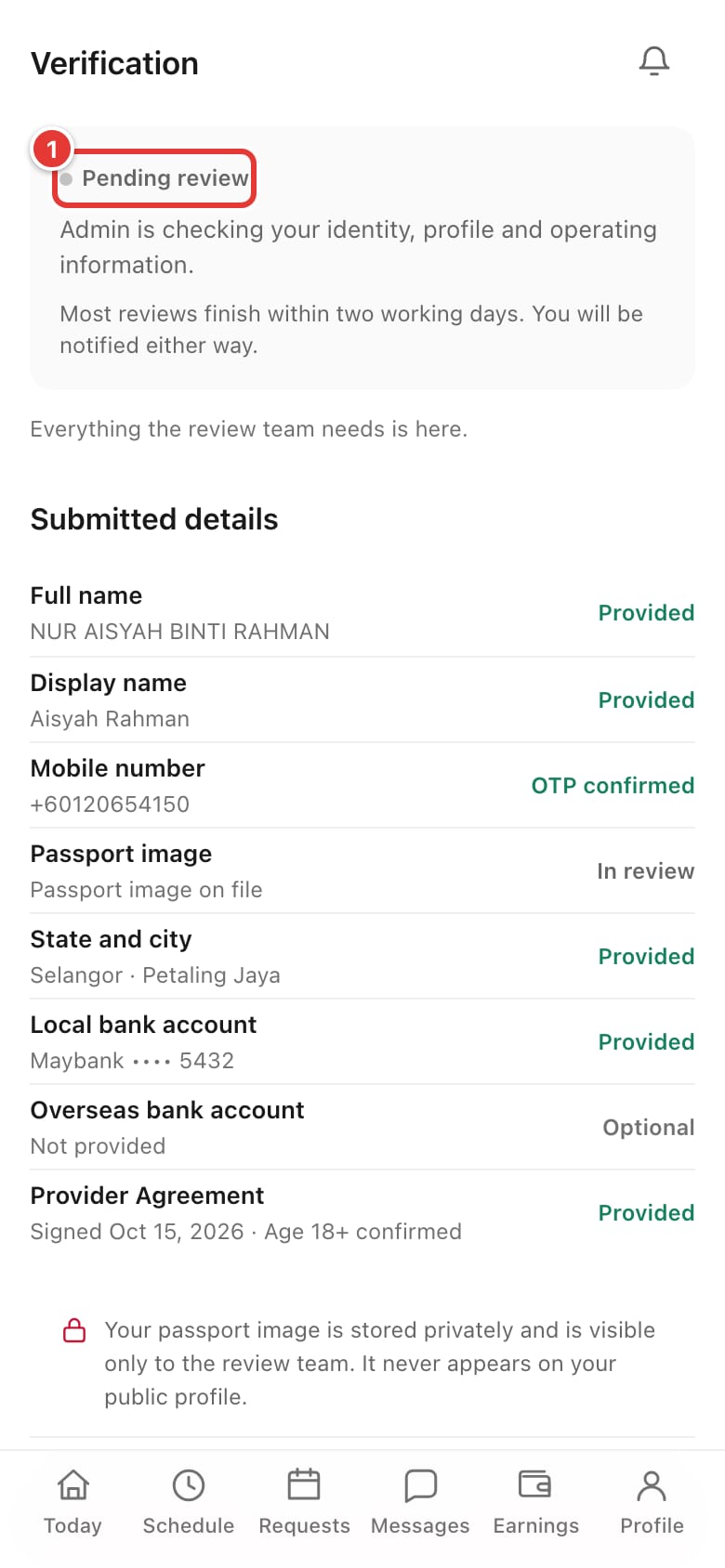 The Verification page showing Pending review and the submitted details