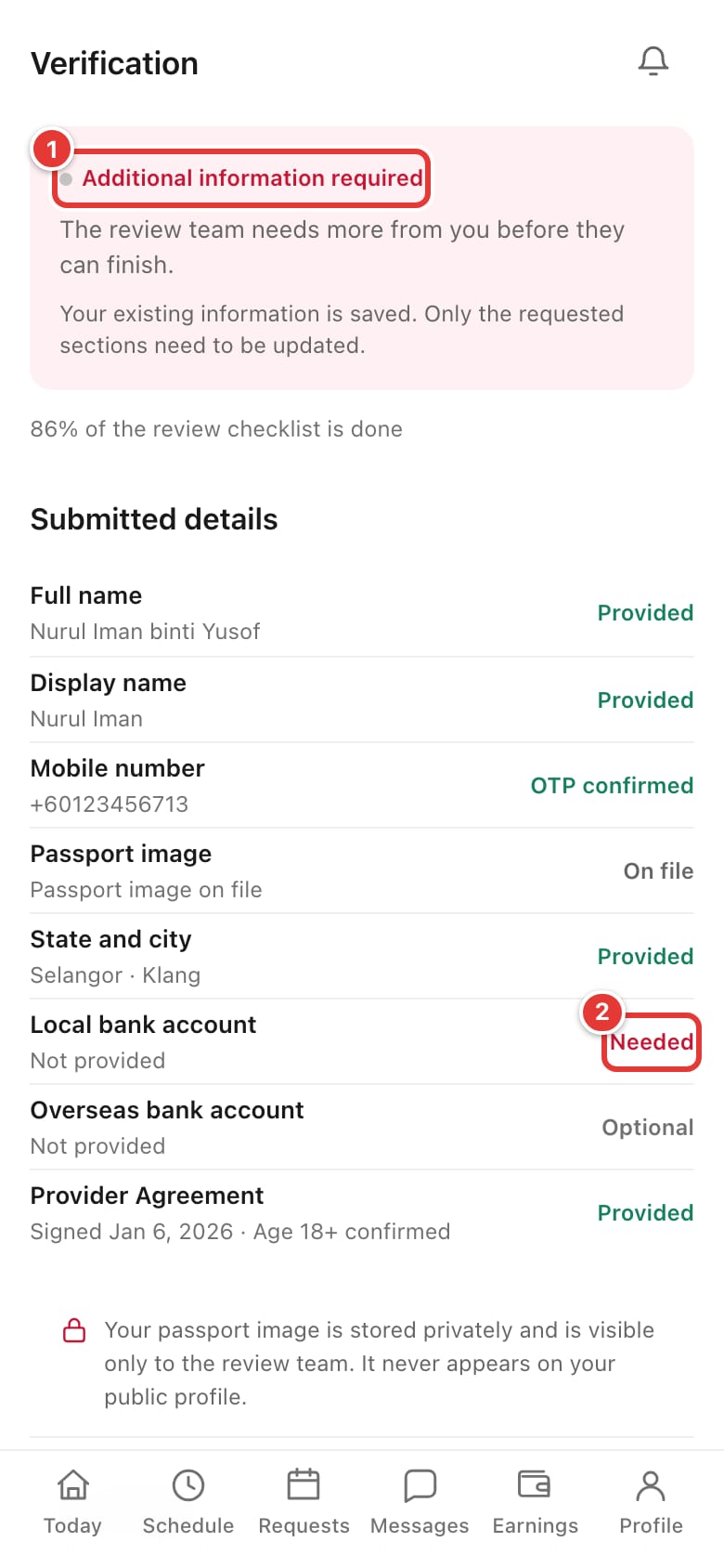 The Verification page showing Additional information required, with a row marked Needed
