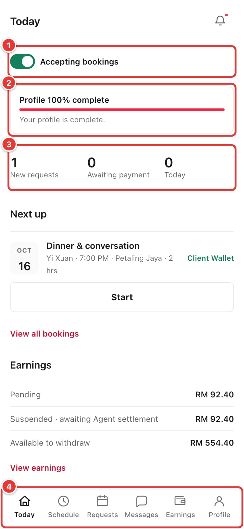 The Today screen with the Accepting bookings switch, profile card, counters and bottom menu highlighted