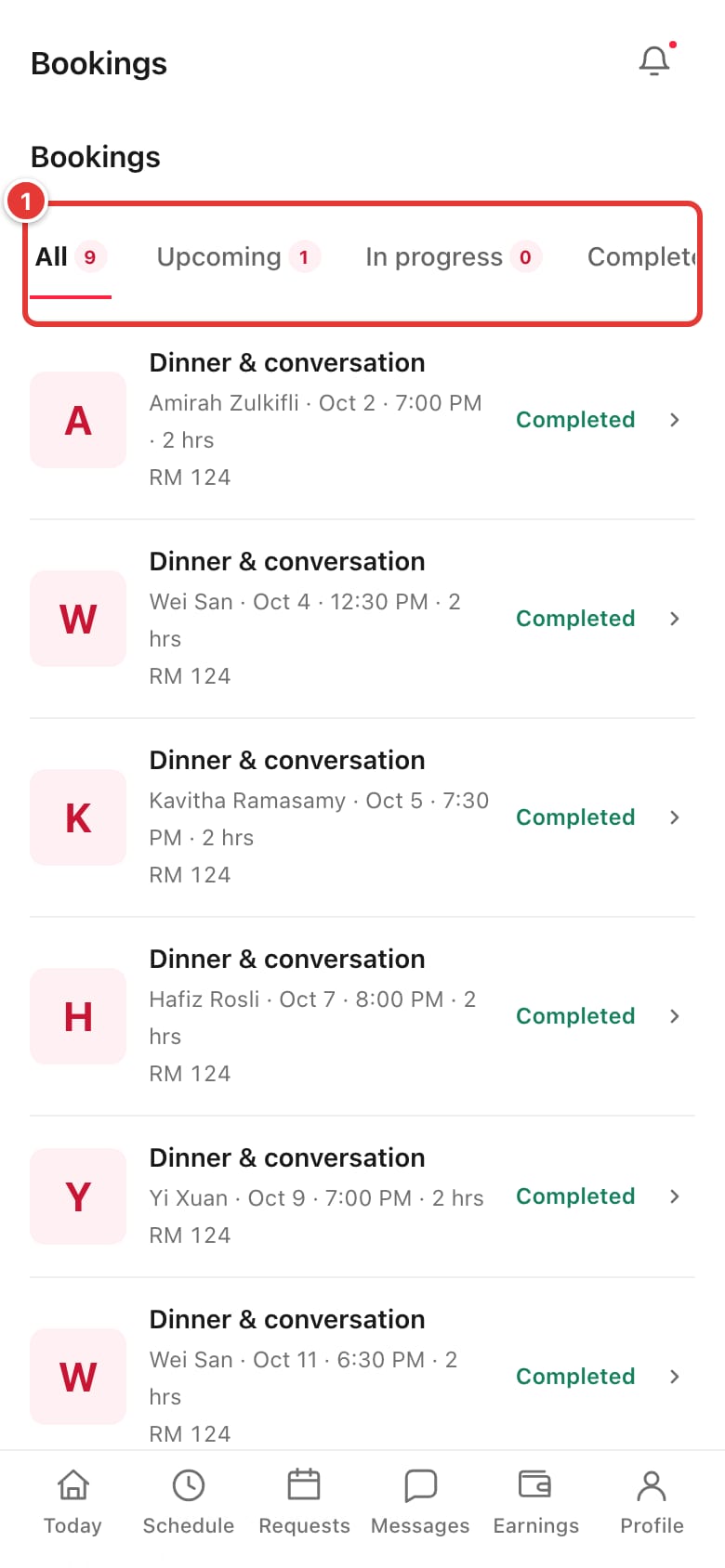 The Bookings list with its filter tabs