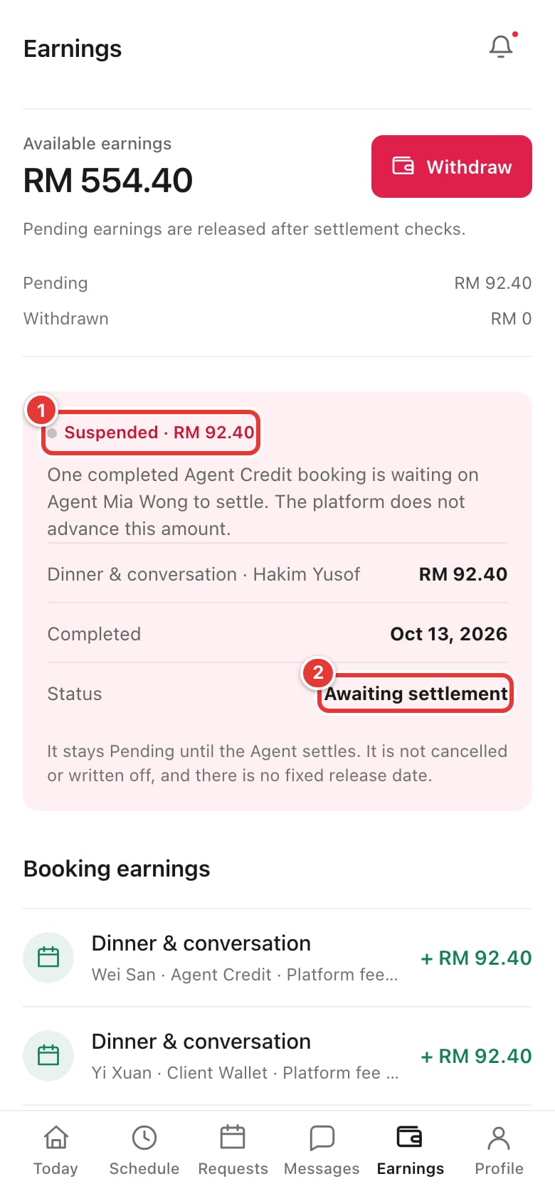 The held Agent Credit earnings card showing Awaiting settlement