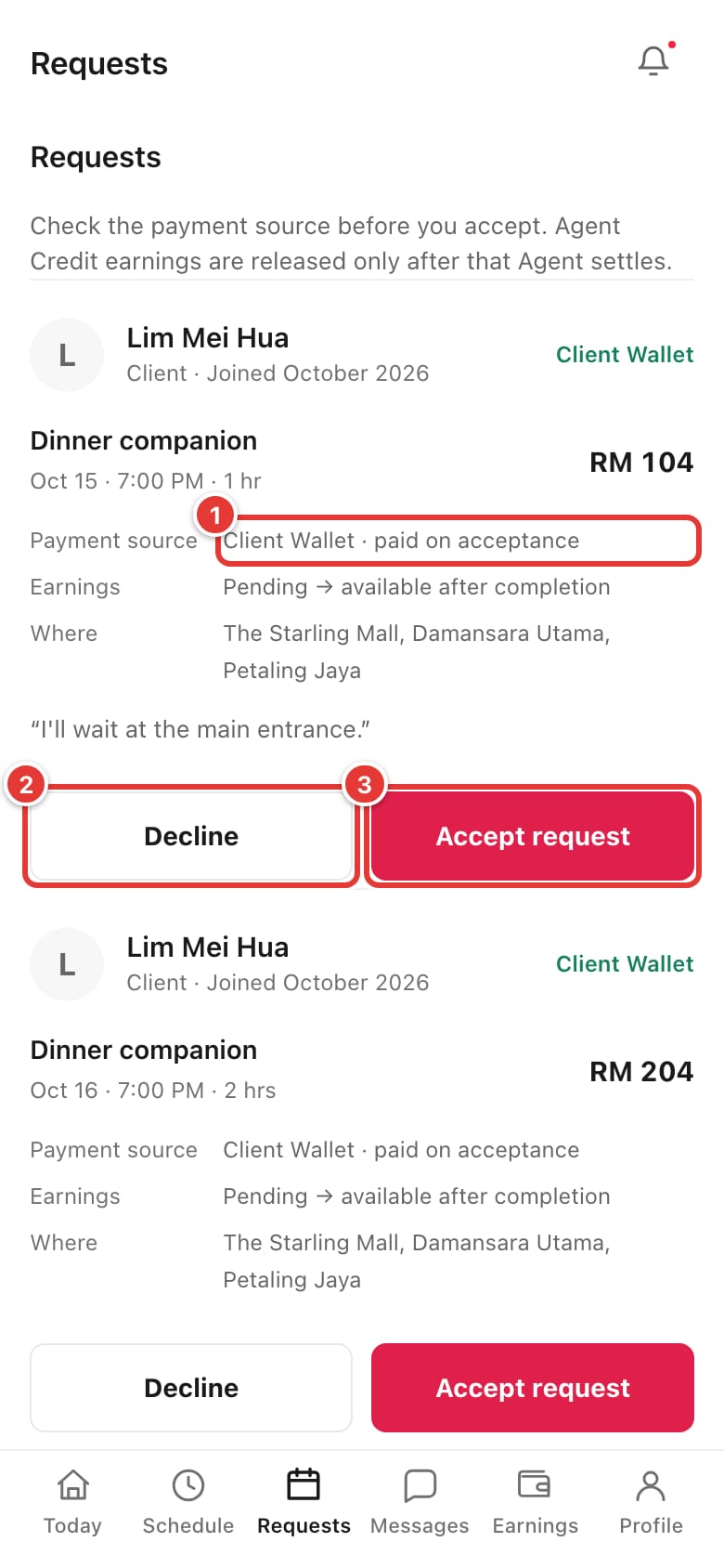 A booking request showing the payment source, Decline and Accept request buttons
